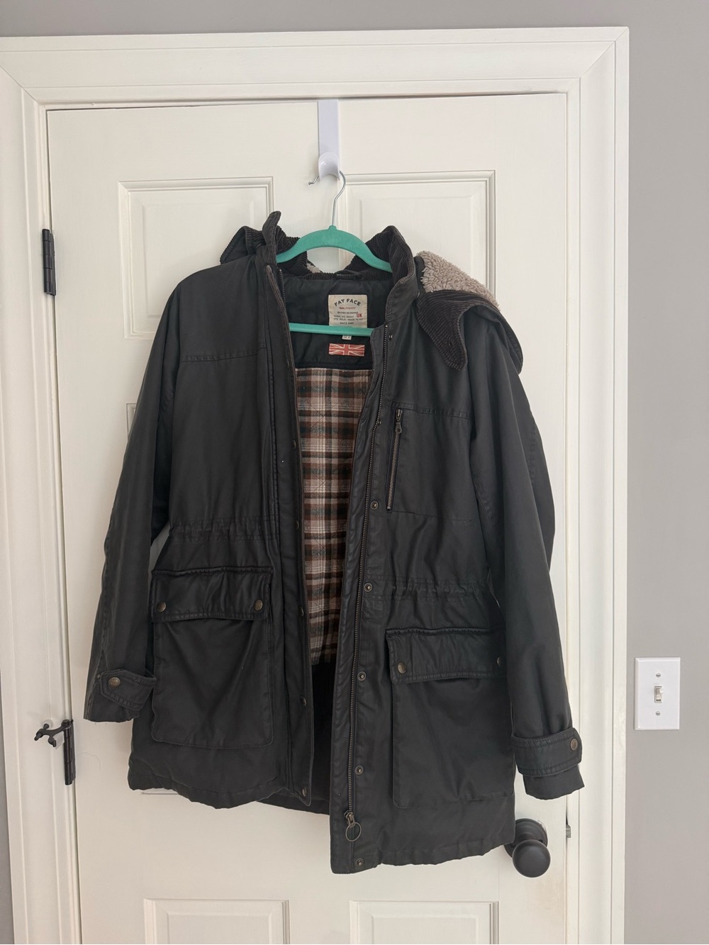 Fat Face Black Hooded Field Jacket with Plaid Lining